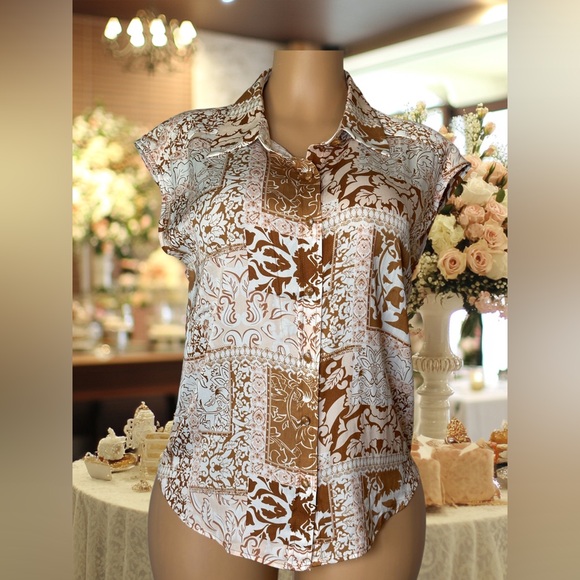 RACHEL Rachel Roy Brown and White Button Down Shirt - Picture 1 of 4